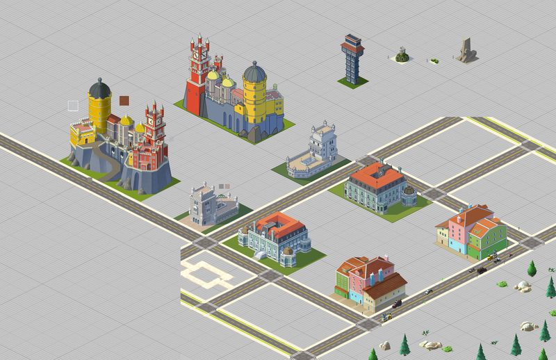 City X concept art: isometric Lisbon playset with a hilltop palace in yellow and red, a Belém-style tower, a palace, pastel townhouses and roads