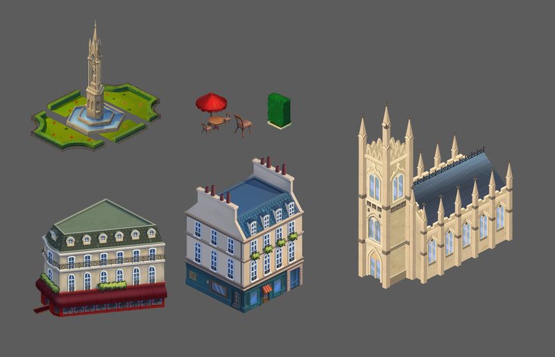 City X concept art: isometric Gothic cathedral, a spired monument in a formal garden, Parisian apartment buildings and café props