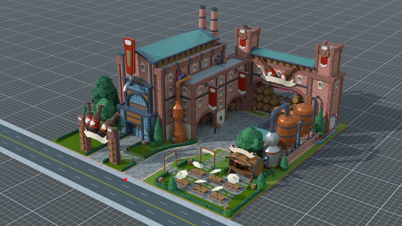City X brewery attraction render: a red-brick brewery with copper stills, stacked barrels, a bottle-shaped gateway and a beer garden with umbrellas