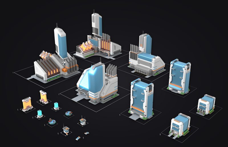 City X concept art: lineup of white and blue Future Tech buildings, from glowing factories and office towers down to small kiosks and props