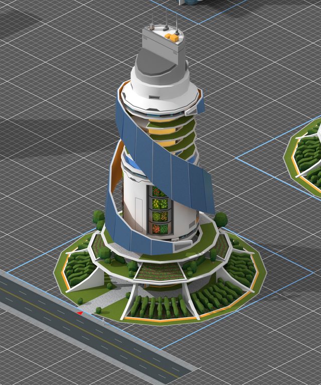 City X concept render: a white eco tower wrapped in a spiral of solar panels, with farm terraces and hedge gardens around its base