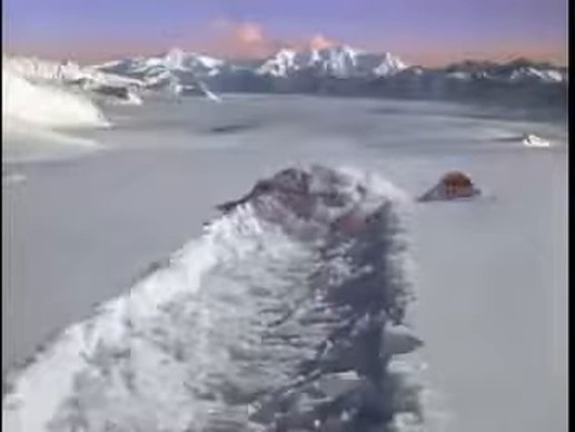 Jeep ’Snow Covered’ (1994): a Jeep-shaped trench in deep snow, its red brake lights glowing beside a buried stop sign