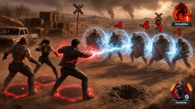 The same battle reimagined at ground level: three fighters fire a red energy blast into a line of shielded Armadillans, with the original damage numbers floating above them
