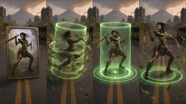 Four-panel storyboard: a card spins up inside a column of green light and resolves into its character standing on the road