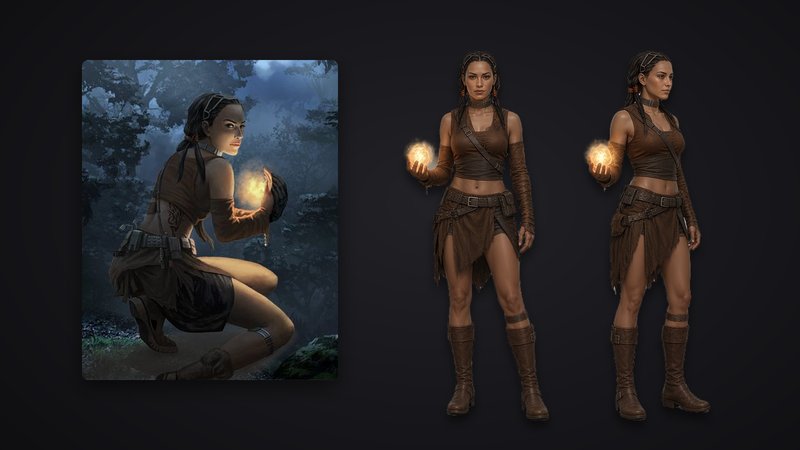 Before and after: the original Days of Discord card painting of Emily, beside her new AI-assisted turnaround in front and three-quarter views