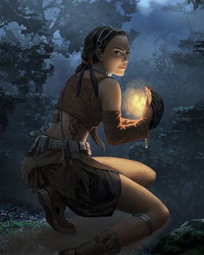 Original Days of Discord card painting of Emily, a woman crouching with a glowing orb in her hand