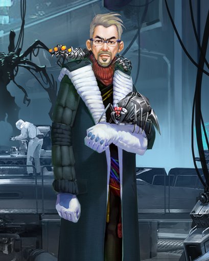 Original Days of Discord card painting of Maxim, a cartoony gray-bearded man with glasses in a long green coat with a white fur collar, one arm folded across his chest, with a mechanical spider on his arm