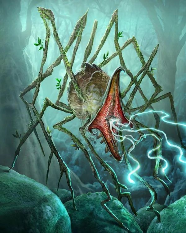 Original Days of Discord card painting of Skitterling, a spindly plant creature crackling with lightning