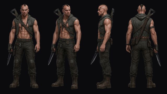 Cameron turnaround: a lean bare-chested fighter with a blade on his back, in front, three-quarter, side and back views