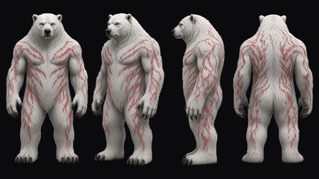 Ghost Bear turnaround: a white bear standing upright, with red brindle markings, in front, three-quarter, side and back views