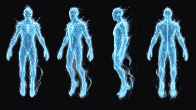 Half-Form turnaround: a glowing, translucent blue humanoid spirit, in front, three-quarter, side and back views