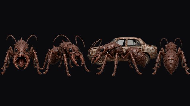 Milit-Ant turnaround: a spiked red ant with a toothed mouth, shown beside a car for scale, in front, three-quarter, side and back views