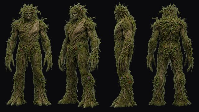 Stalk turnaround: a towering moss-covered giant in front, three-quarter, side and back views