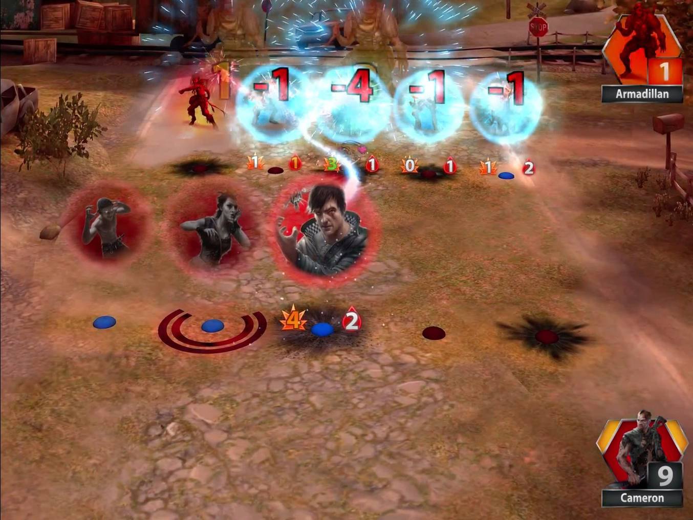 Original 2016 Days of Discord battle screen: attacks hitting a row of enemy cards, with damage numbers over each lane