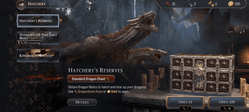 Hatchery screen with a dragon perched behind the Hatchery’s Reserves chest and its open buttons