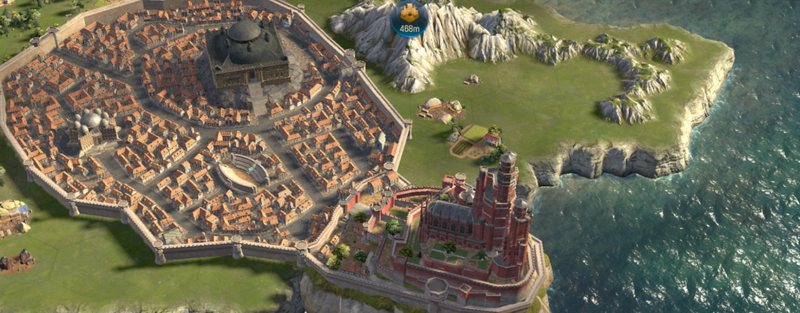 Aerial view of the walled city of King’s Landing beside the sea on the in-game strategy map