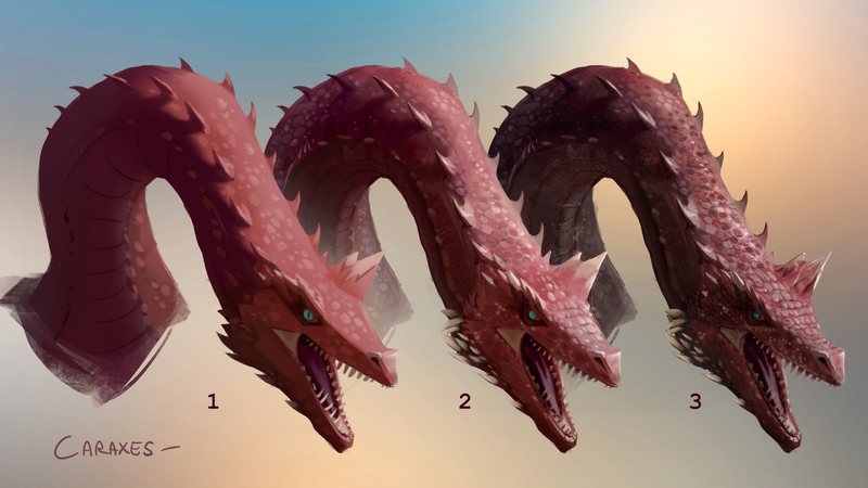 Three numbered variants of the red dragon Caraxes, painted side by side to compare head and neck shapes