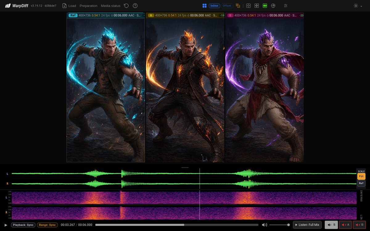 WarpDiff playing three video clips of the Days of Discord hero Cameron in different costume and effects designs side by side, with the audio waveform and spectrogram below
